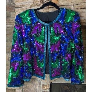 New Original VTG Mary McFadden M Multicolor Silk Chiffon Sequined Jacket  Medium